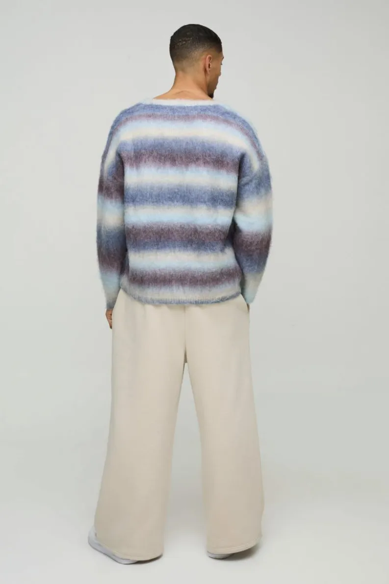Flash Sale boohooMAN Oversized Boxy Brushed Stripe V Neck Knitted Jumper brown