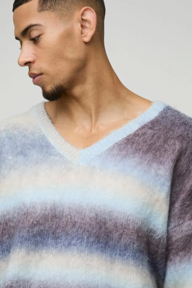Flash Sale boohooMAN Oversized Boxy Brushed Stripe V Neck Knitted Jumper brown