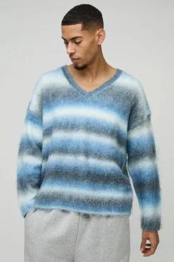 New boohooMAN Oversized Boxy Brushed Stripe V Neck Knitted Jumper blue
