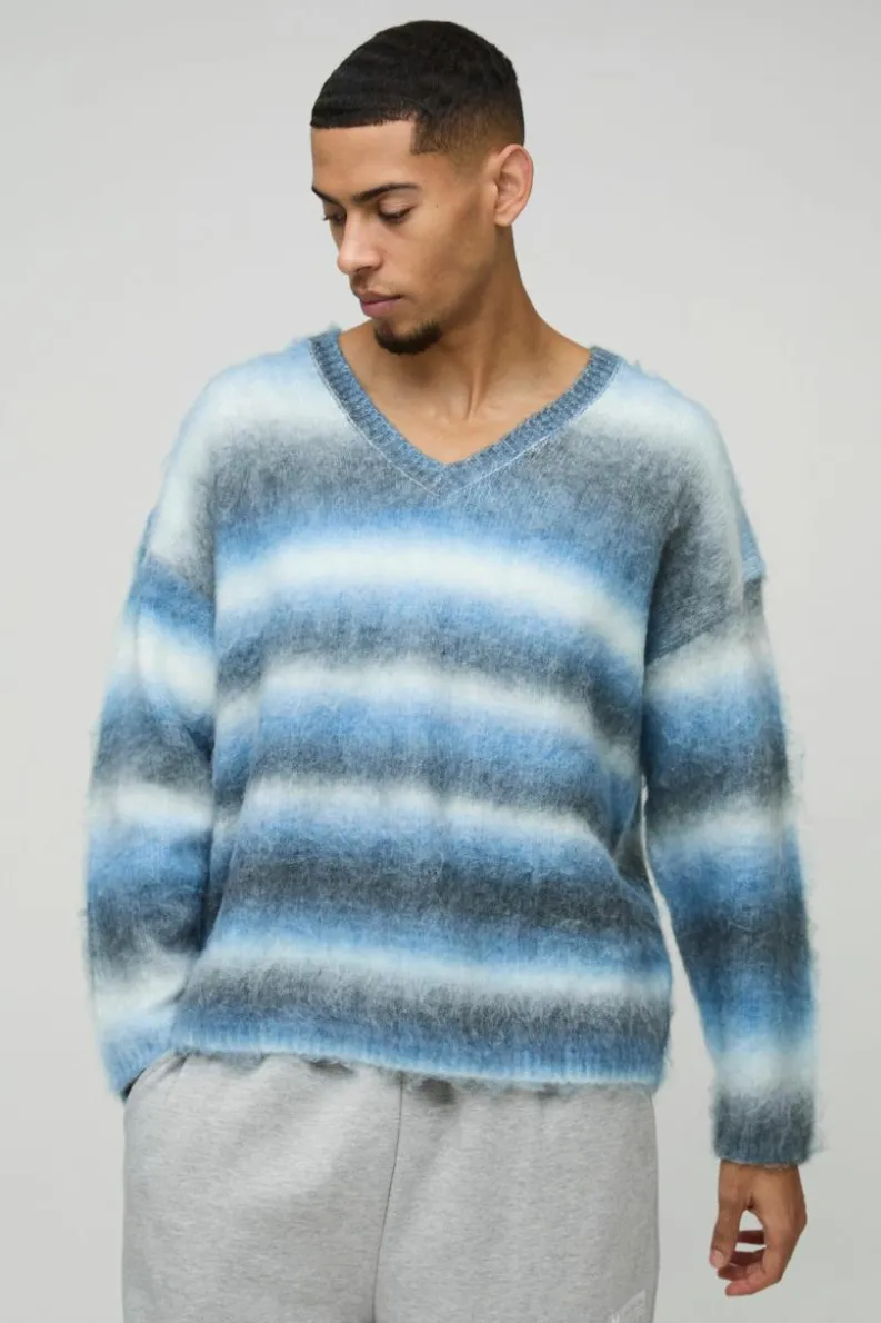 New boohooMAN Oversized Boxy Brushed Stripe V Neck Knitted Jumper blue