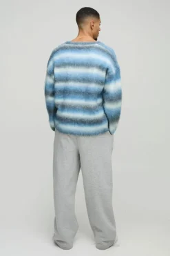 New boohooMAN Oversized Boxy Brushed Stripe V Neck Knitted Jumper blue