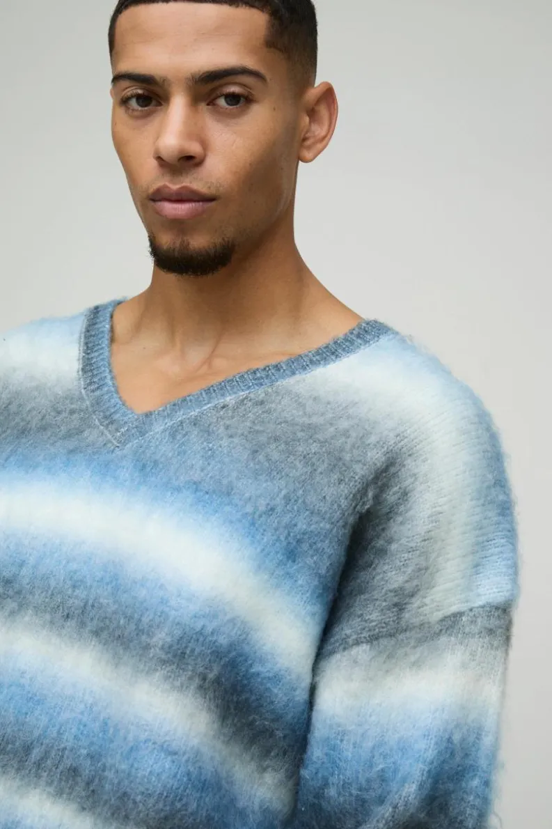 New boohooMAN Oversized Boxy Brushed Stripe V Neck Knitted Jumper blue