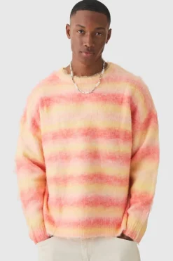 Sale boohooMAN Oversized Boxy Brushed Stripe Knitted Jumper orange