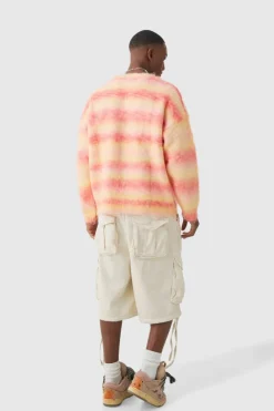 Sale boohooMAN Oversized Boxy Brushed Stripe Knitted Jumper orange
