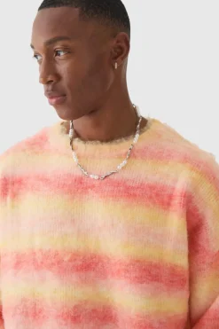 Sale boohooMAN Oversized Boxy Brushed Stripe Knitted Jumper orange