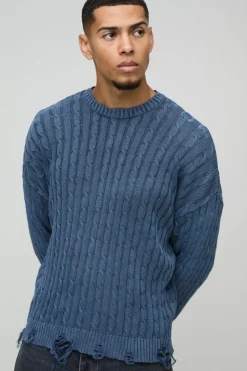 Discount boohooMAN Oversized Boxy Cable Knit Acid Wash Knitted Jumper blue
