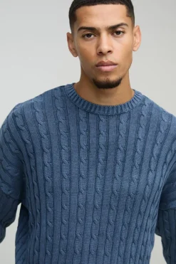 Discount boohooMAN Oversized Boxy Cable Knit Acid Wash Knitted Jumper blue