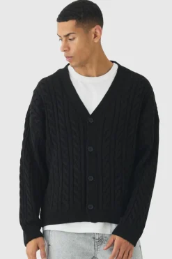 Cheap boohooMAN Oversized Boxy Cable Knit Cardigan black