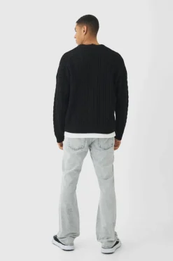Cheap boohooMAN Oversized Boxy Cable Knit Cardigan black