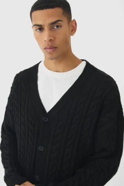 Cheap boohooMAN Oversized Boxy Cable Knit Cardigan black