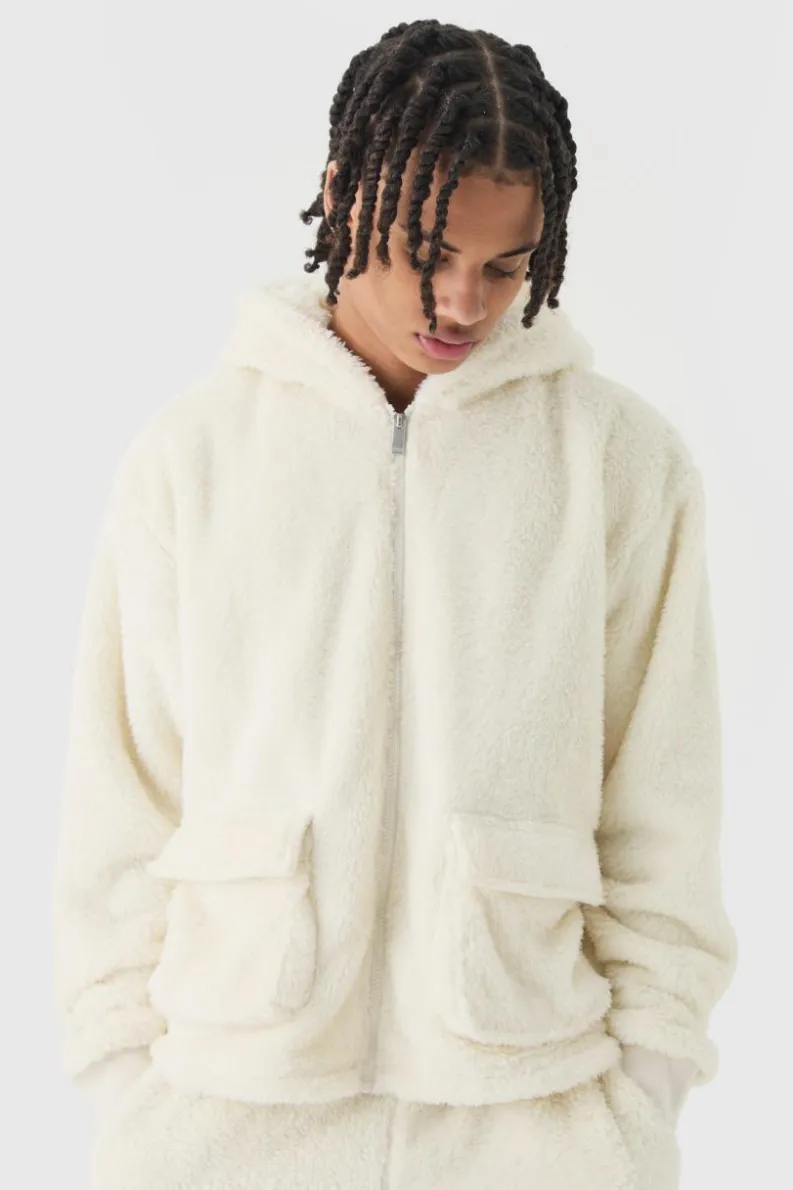 Clearance boohooMAN Oversized Boxy Cargo Pocket Zip Through Teddy Borg Hoodie ecru