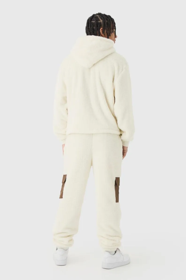 Clearance boohooMAN Oversized Boxy Cargo Pocket Zip Through Teddy Borg Hoodie ecru