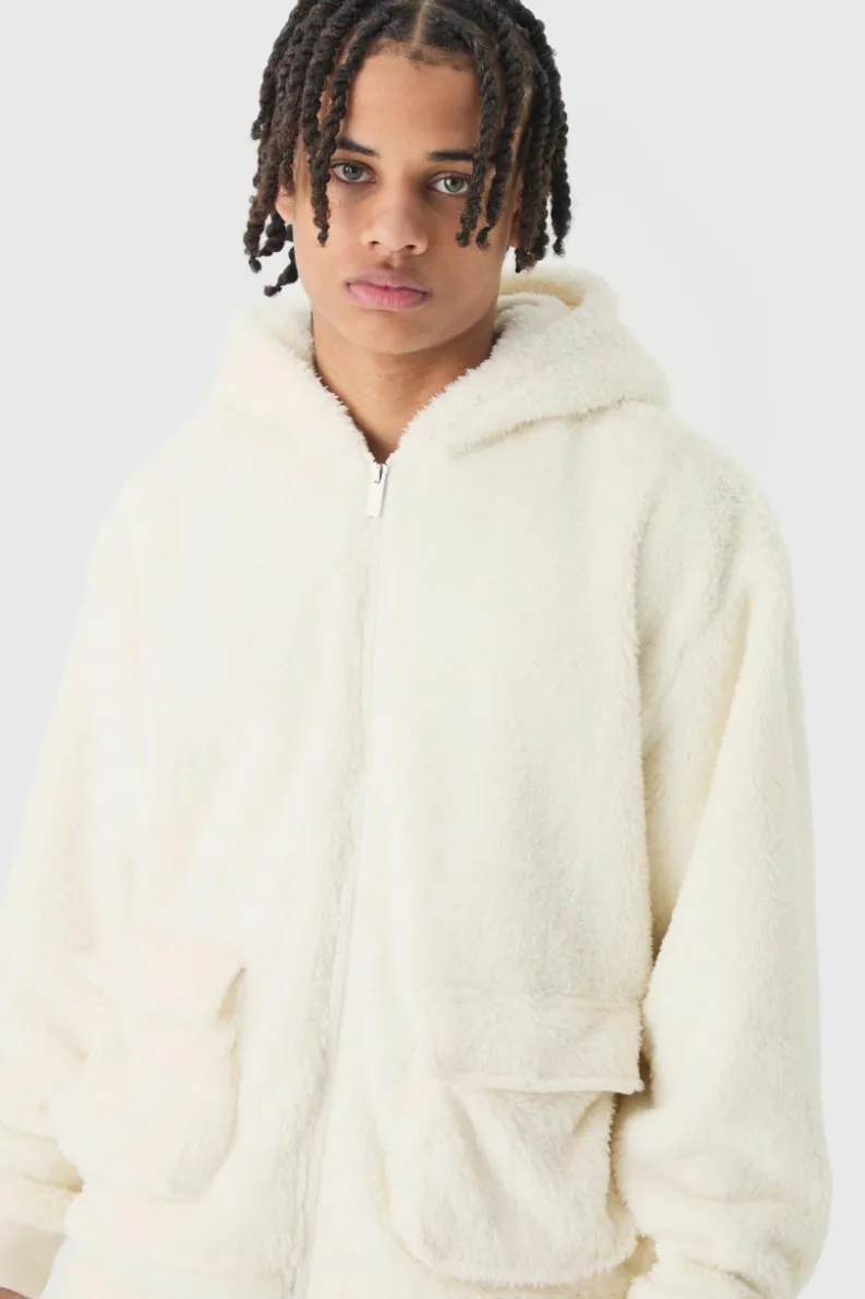 Clearance boohooMAN Oversized Boxy Cargo Pocket Zip Through Teddy Borg Hoodie ecru