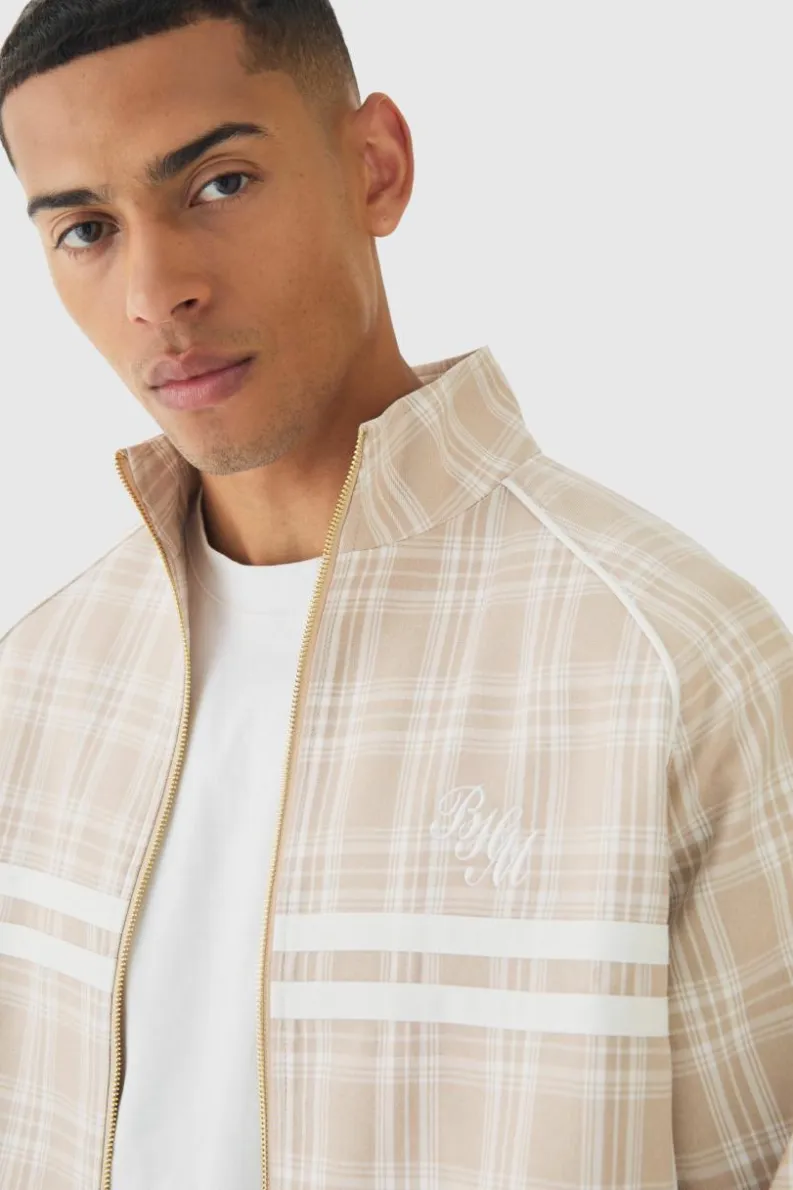 Sale boohoo Oversized Boxy Checked Funnel Neck Set beige
