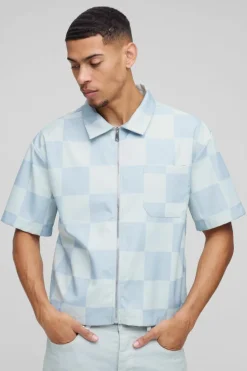 Sale boohooMAN Oversized Boxy Checkerboard Collared Shirt blue
