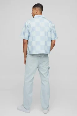 Sale boohooMAN Oversized Boxy Checkerboard Collared Shirt blue