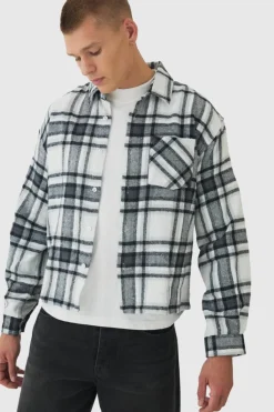 New boohooMAN Oversized Boxy Check Long Sleeve Shirt light grey