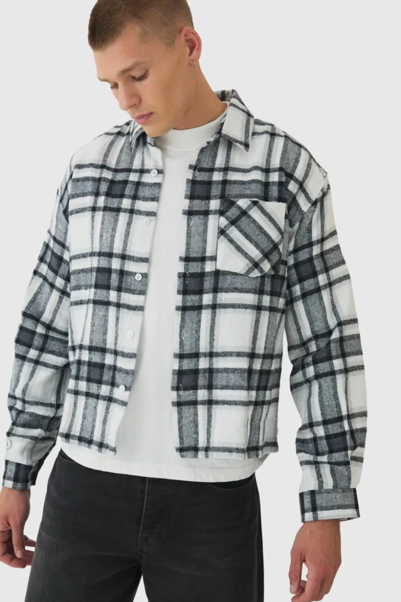 New boohooMAN Oversized Boxy Check Long Sleeve Shirt light grey