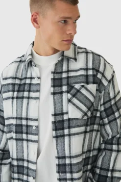 New boohooMAN Oversized Boxy Check Long Sleeve Shirt light grey