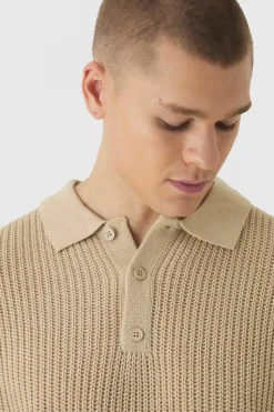 Discount boohooMAN Oversized Boxy Chunky Knit Polo Jumper stone