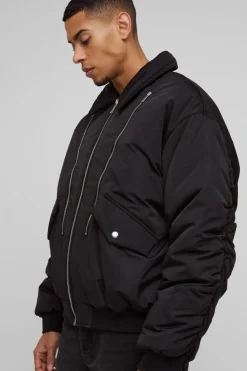 Fashion boohooMAN Oversized Boxy Collared Bomber Jacket In black