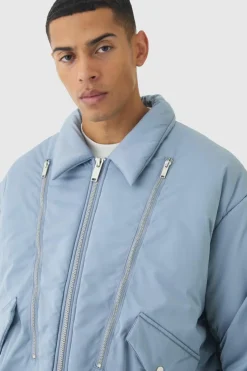 Sale boohooMAN Oversized Boxy Collared Bomber Jacket In slate