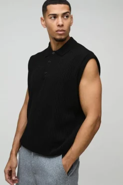 Best Sale boohooMAN Oversized Boxy Collared Knitted Vest black