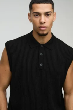 Best Sale boohooMAN Oversized Boxy Collared Knitted Vest black