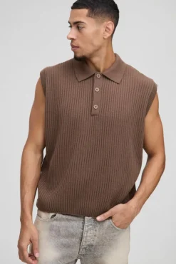 Shop boohooMAN Oversized Boxy Collared Knitted Vest taupe