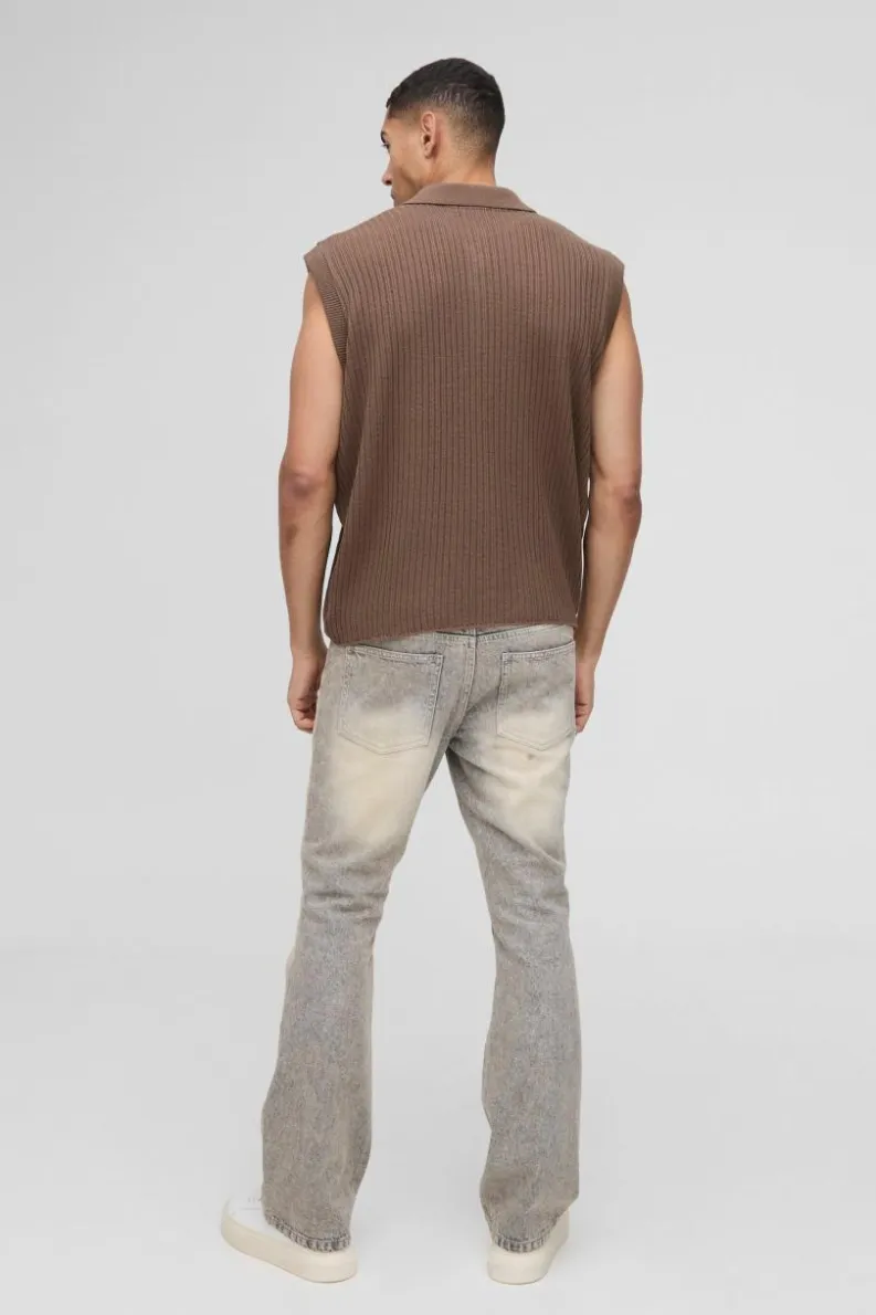 Shop boohooMAN Oversized Boxy Collared Knitted Vest taupe