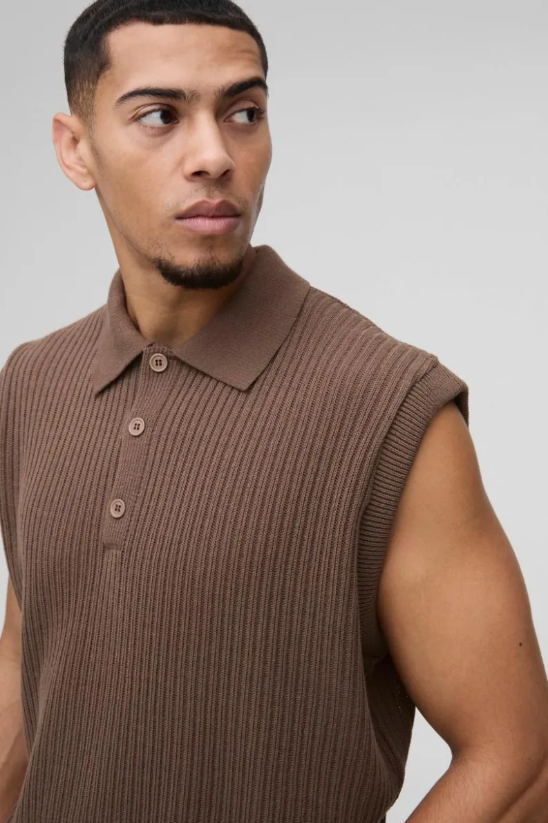 Shop boohooMAN Oversized Boxy Collared Knitted Vest taupe