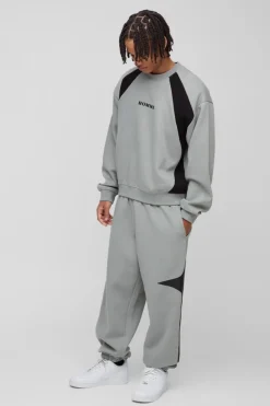 Store boohooMAN Oversized Boxy Colour Block Homme Embroidered Sweatshirt tracksuit charcoal