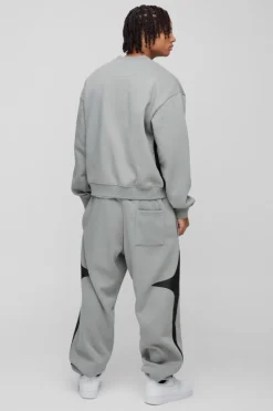 Store boohooMAN Oversized Boxy Colour Block Homme Embroidered Sweatshirt tracksuit charcoal