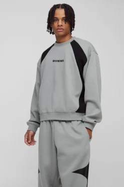 Store boohooMAN Oversized Boxy Colour Block Homme Embroidered Sweatshirt tracksuit charcoal