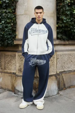 Store boohooMAN Oversized Boxy Colour Block Homme Printed Zip Through Tracksuit navy
