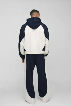 Store boohooMAN Oversized Boxy Colour Block Homme Printed Zip Through Tracksuit navy
