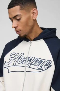 Store boohooMAN Oversized Boxy Colour Block Homme Printed Zip Through Tracksuit navy