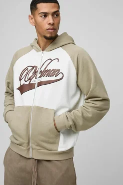 Outlet boohooMAN Oversized Boxy Colour Block Official Raglan Sleeve Zip Through Hoodie ecru