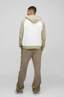 Outlet boohooMAN Oversized Boxy Colour Block Official Raglan Sleeve Zip Through Hoodie ecru