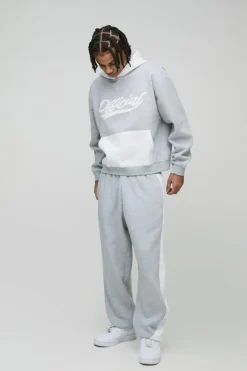 Outlet boohooMAN Oversized Boxy Colour Block Puff Print Tracksuit grey