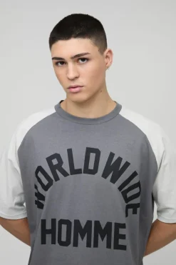 Outlet boohooMAN Oversized Boxy Colour Block Worldwide Raglan T-shirt charcoal