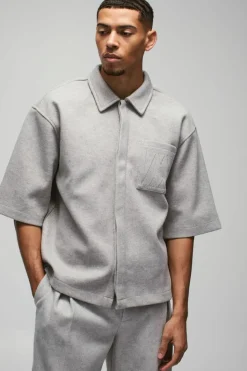 Discount boohooMAN Oversized Boxy Concealed Placket Heavyweight Melton Shirt grey