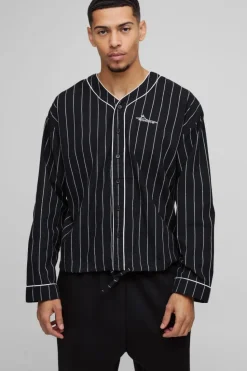 Clearance boohooMAN Oversized Boxy Contrast Piping Baseball Shirt navy
