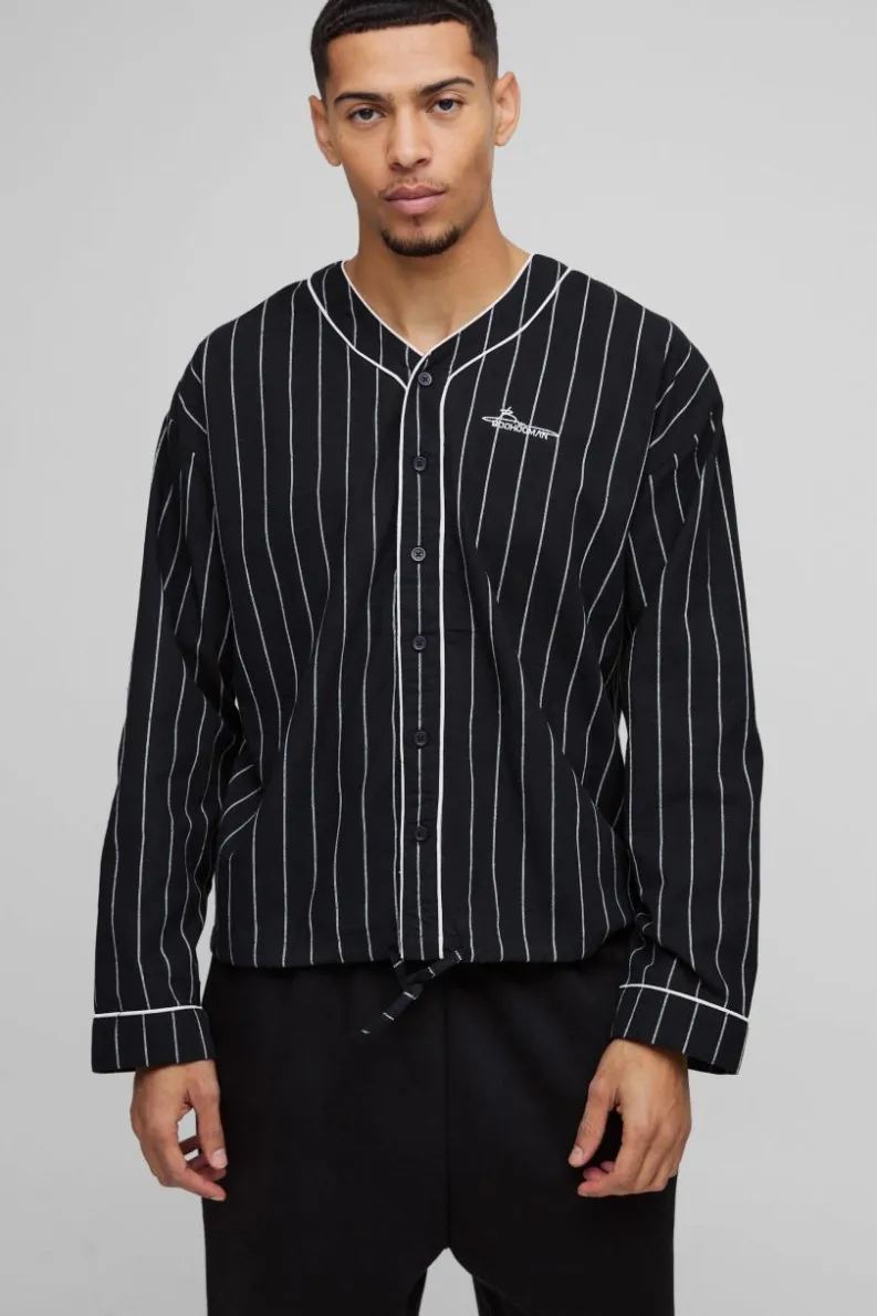 Clearance boohooMAN Oversized Boxy Contrast Piping Baseball Shirt navy