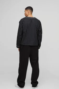 Clearance boohooMAN Oversized Boxy Contrast Piping Baseball Shirt navy