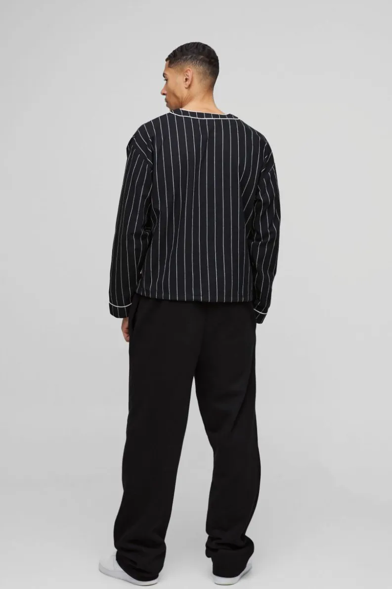 Clearance boohooMAN Oversized Boxy Contrast Piping Baseball Shirt navy
