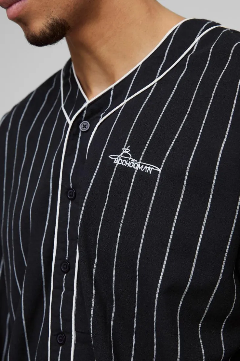 Clearance boohooMAN Oversized Boxy Contrast Piping Baseball Shirt navy