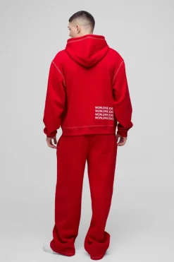 Store boohooMAN Oversized Boxy Contrast Stitch Printed Zip Through Hooded Tracksuit red