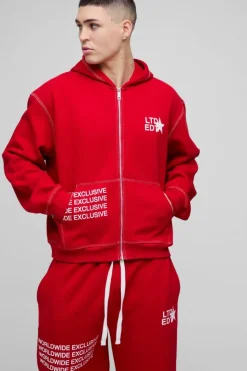 Store boohooMAN Oversized Boxy Contrast Stitch Printed Zip Through Hooded Tracksuit red