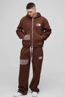 Fashion boohooMAN Oversized Boxy Contrast Stitch Printed Zip Through Hooded Tracksuit chocolate